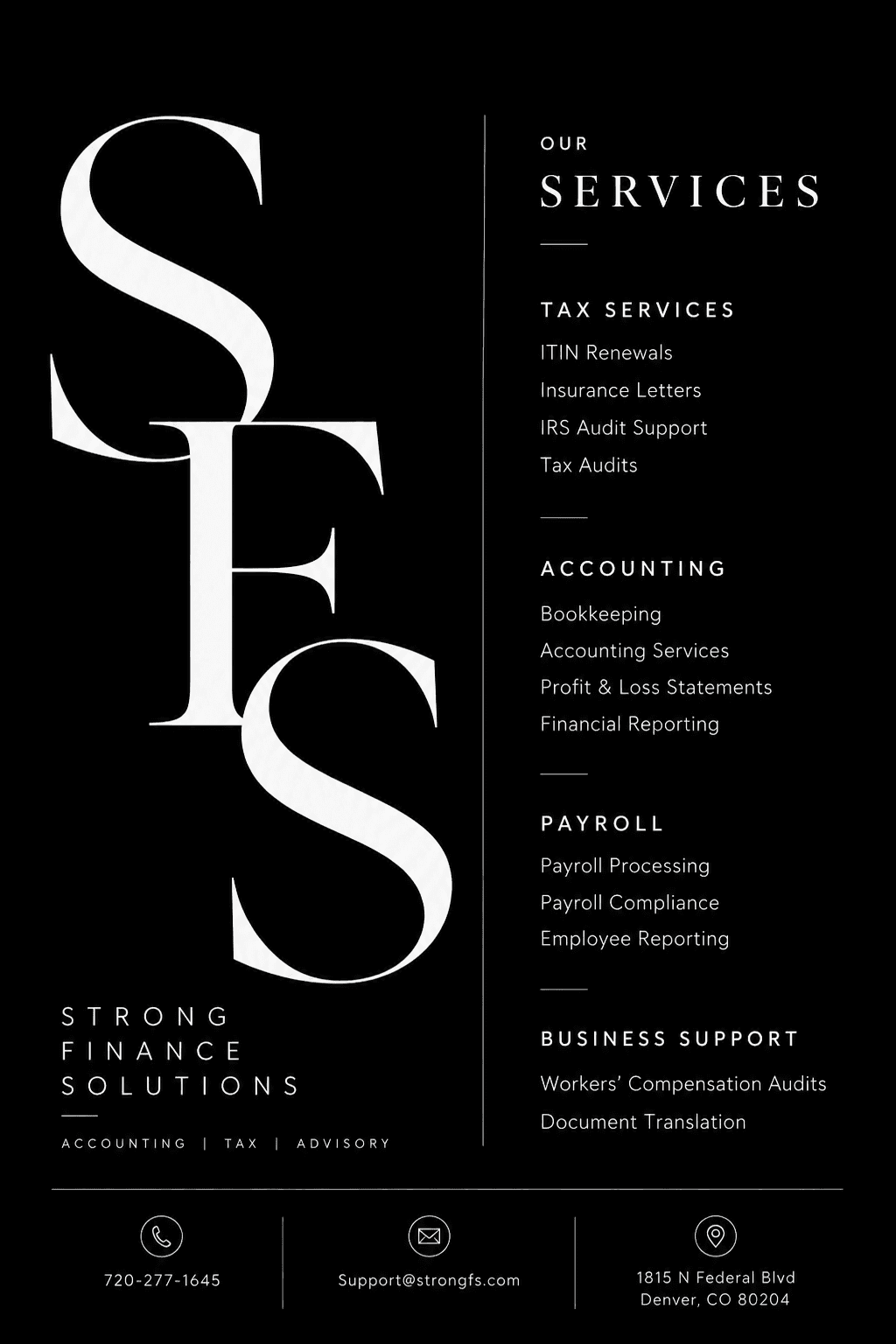 Strong Finance Solutions flyer listing tax, accounting, payroll, and business support services with contact details.